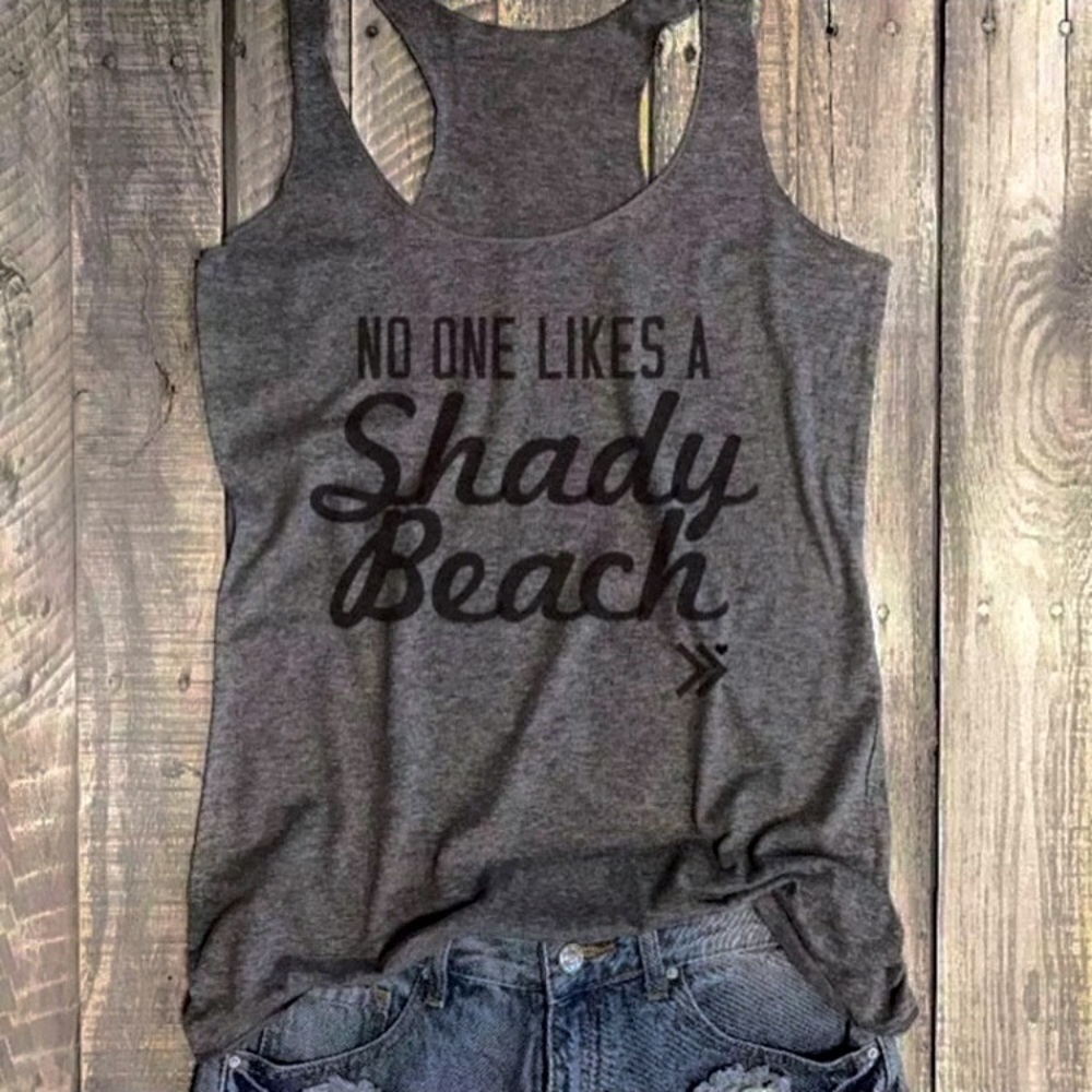Shady Beach Gray Tank Top Graphic Tee Summer Gym